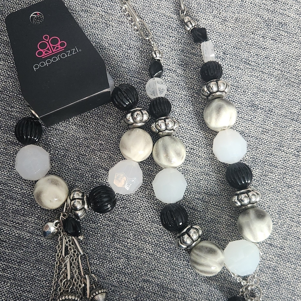 Paparazzi Silver and Black Statement Necklace with Tassel